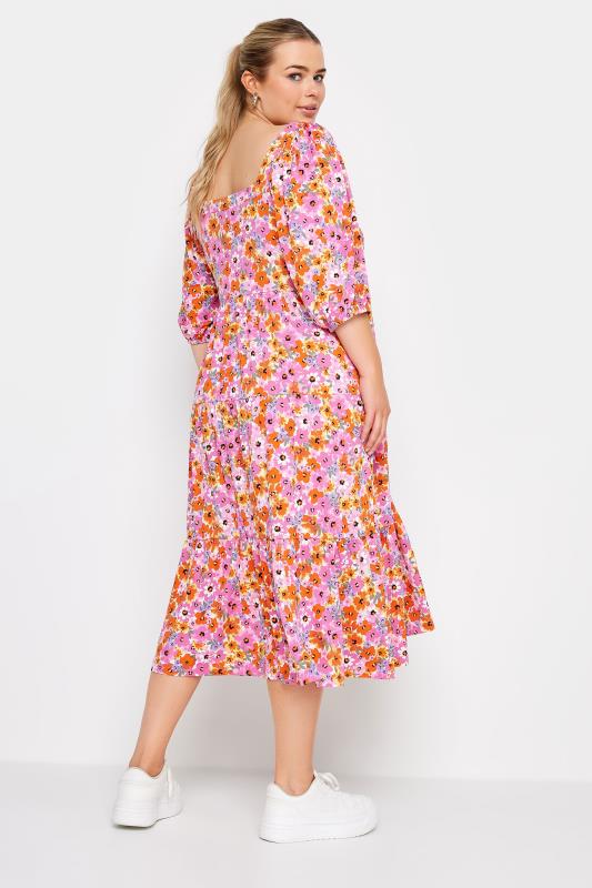 YOURS Plus Size Pink Floral Print Tiered Midi Dress | Yours Clothing 3