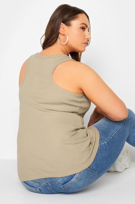 YOURS Plus Size Beige Brown Ribbed Racer Back Vest Top | Yours Clothing  1