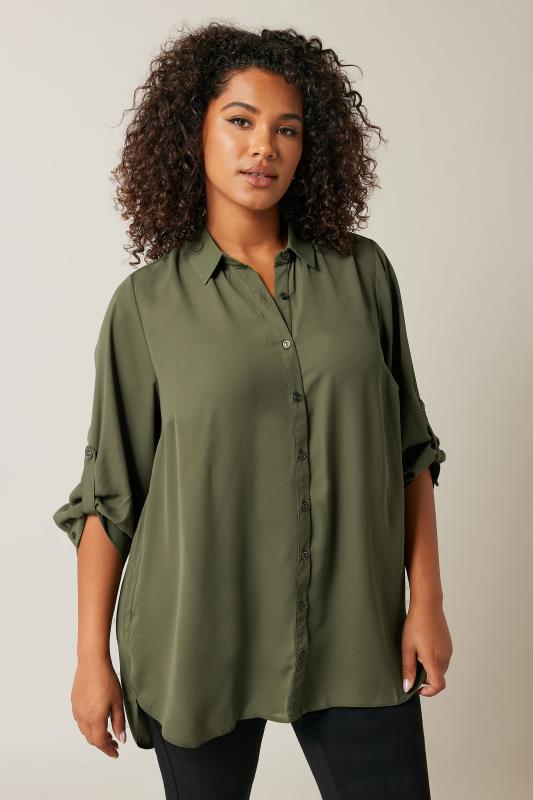 Plus Size  EVANS Curve Khaki Green Tab Sleeve Shirt