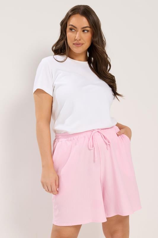 YOURS Plus Size Pink Crinkle Jersey Shorts | Yours Clothing 1
