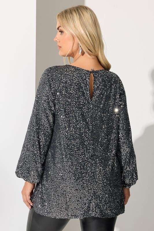 YOURS LONDON Plus Size Silver Sequin Keyhole Top | Yours Clothing 2