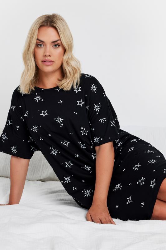 YOURS Plus Size Black Star Print Sleep Tee Nightdress | Yours Clothing 1