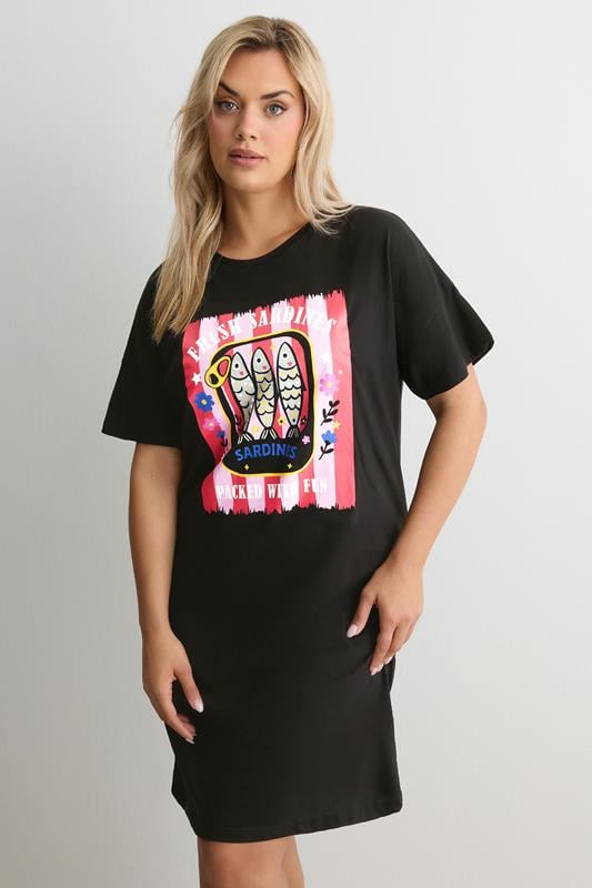  YOURS Curve Black 'Fresh Sardines' Sleep Tee Nightdress