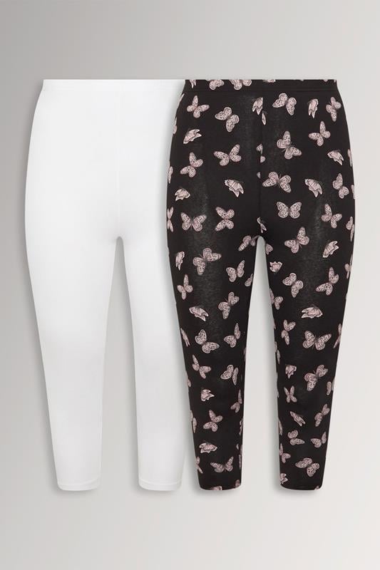  YOURSET 2 PACK Curve Black Butterfly Print Cropped Leggings