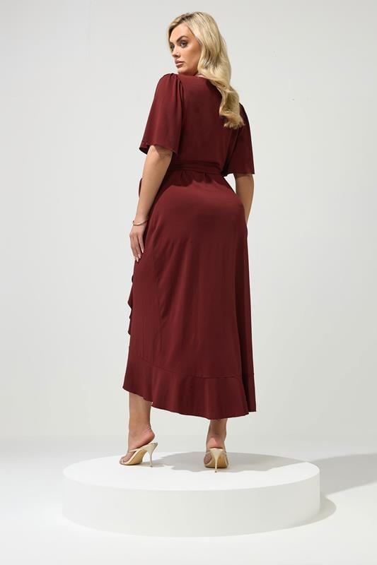 YOURS LONDON Plus Size Burgundy Red Ruffle Hem Wrap Dress | Yours Clothing 2