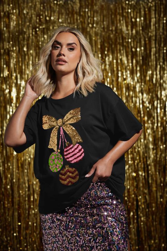 YOURS Plus Size Black Sequin Embellished Bauble T-Shirt | Yours Clothing  1