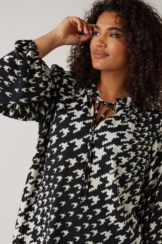 EVANS Plus Size Black Dogtooth Print Tie Neck Blouse | Evans 4