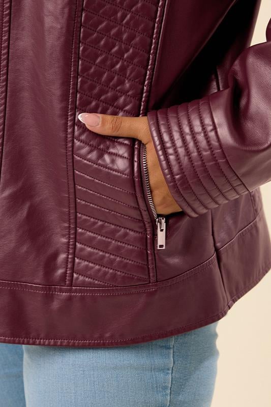 YOURS Plus Size Burgundy Red Biker Faux Leather Jacket | Yours Clothing 4