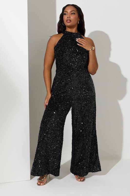 YOURS LONDON Plus Size Black Sequin Velvet Jumpsuit | Yours Clothing 2