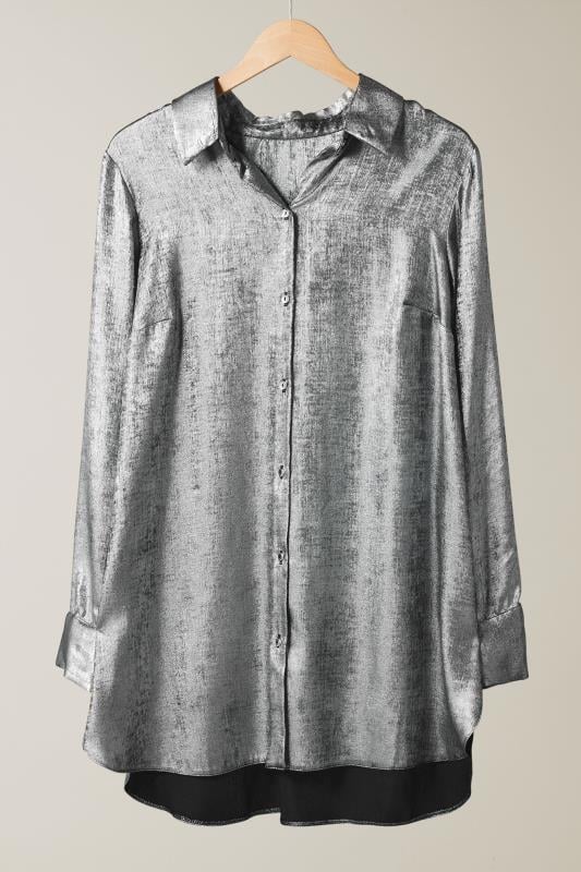 EVANS Plus Size Silver Satin Long Sleeve Shirt | Evans  5