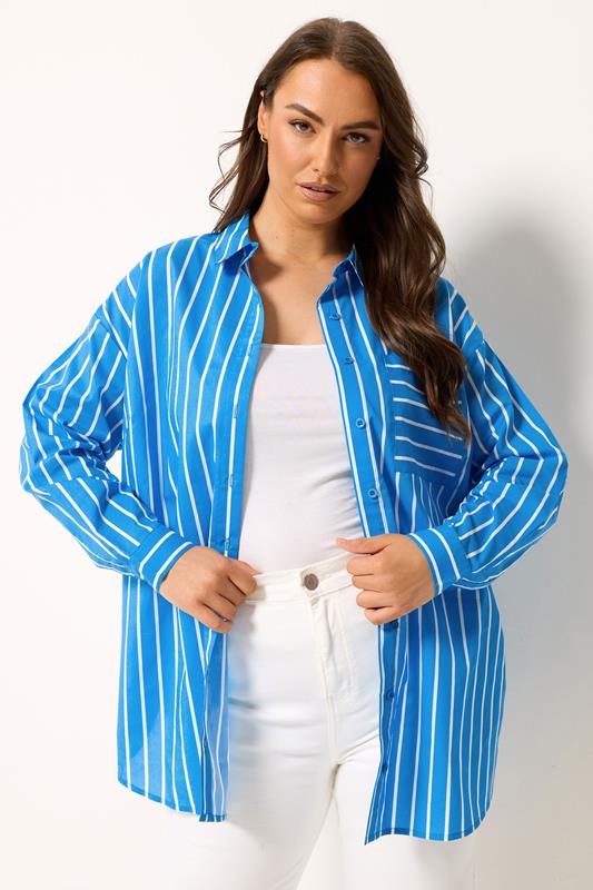 YOURS Plus Size Blue & White Striped Shirt | Yours Clothing 1