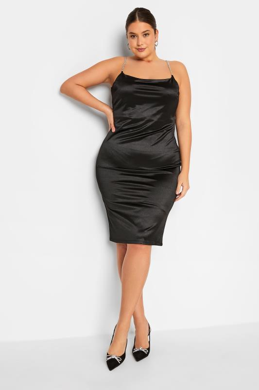 LTS Tall Black Diamante Strap Satin Mini Slip Dress | Long Tall Sally  1