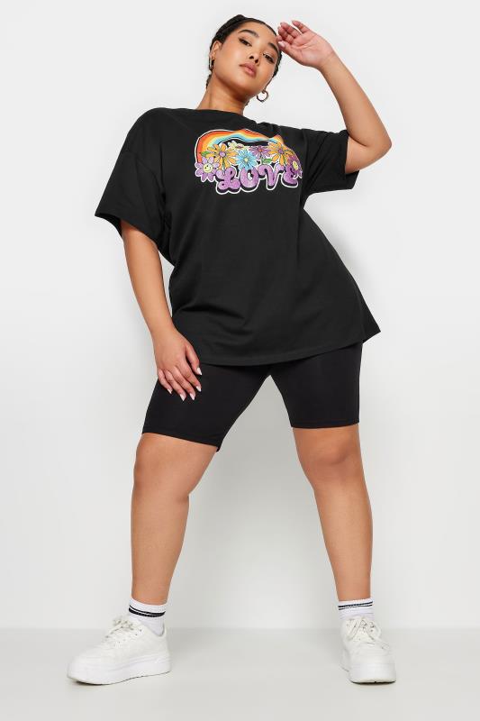 YOURS Plus Size Black Rainbow Print 'Love' Slogan Oversized T-Shirt | Yours Clothing 2