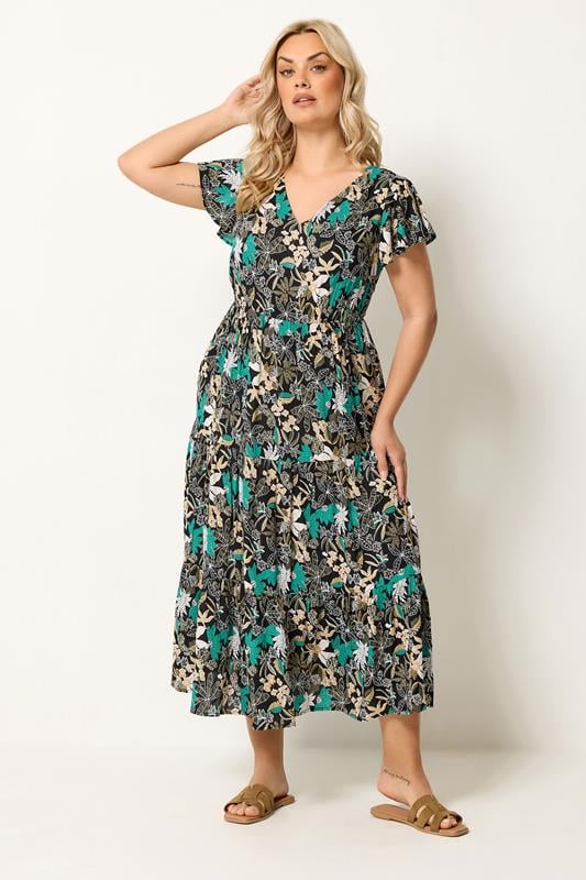 YOURS Plus Size Black & Green Floral Smock Dress | Yours Clothing 1