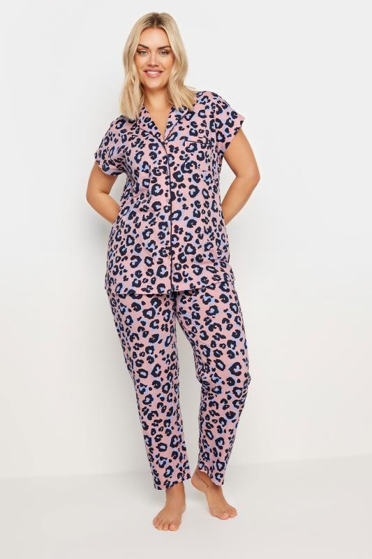 YOURS Plus Size Pink Leopard Print Button Through Pyjama Set | Yours Clothing 3