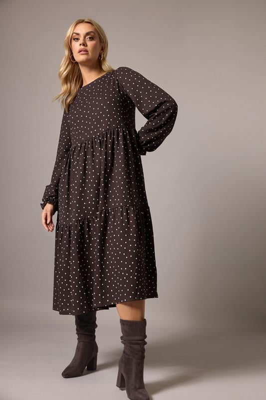  YOURS Curve Chocolate Brown Polka Dot Textured Midi Dress