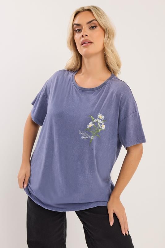 YOURS Plus Size Blue 'Wellness' Daisy Back Print T-Shirt | Yours Clothing 1