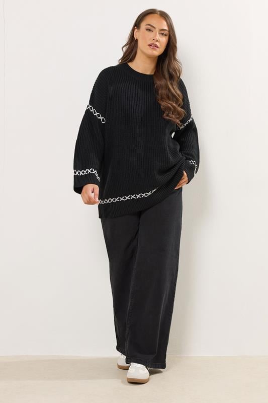 YOURS Plus Size Black Blanket Stitch Jumper | Yours Clothing 1