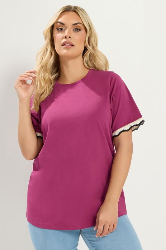  YOURS Curve Dark Pink Metallic Crochet Trim T-Shirt