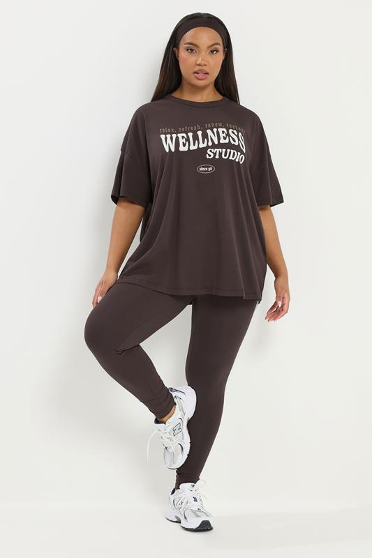 YOURS ACTIVE Plus Size Chocolate Brown 'Wellness Studio' T-Shirt | Yours Clothing 1