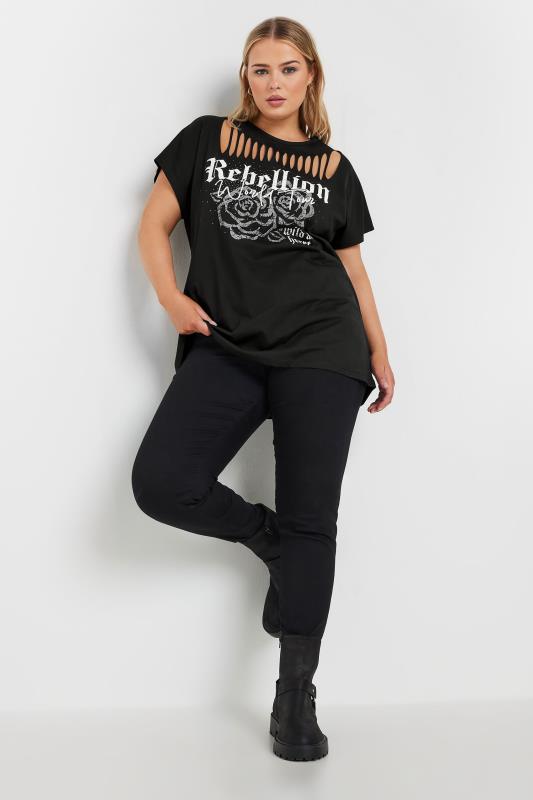 YOURS Plus Size Black Cut Out 'Rebellion' Slogan T-Shirt | Yours Clothing  3