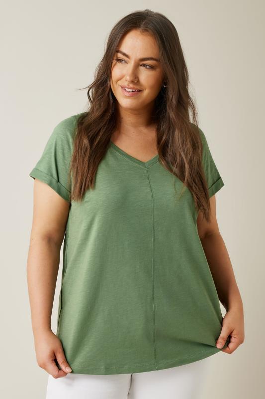 EVANS Plus Size Khaki Green Pure Cotton T-Shirt | Evans 2