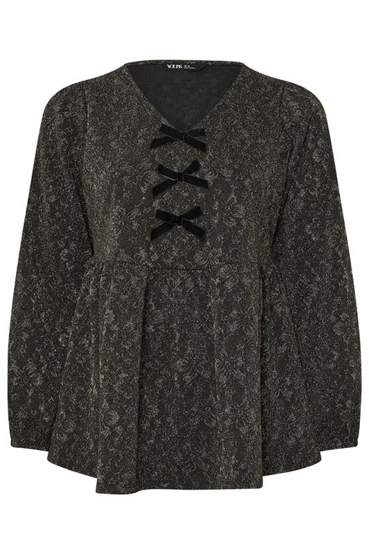 YOURS Plus Size Gold Floral Jacquard Bow Front Top | Yours Clothing 6