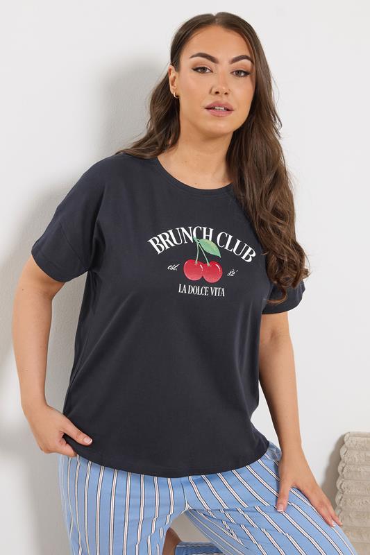  YOURS Curve Navy Blue 'Brunch Club' Sleep Tee Top