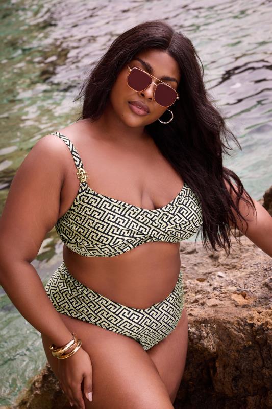 YOURS Plus Size Black Metallic Geometric Print Bikini Top | Yours Clothing 1