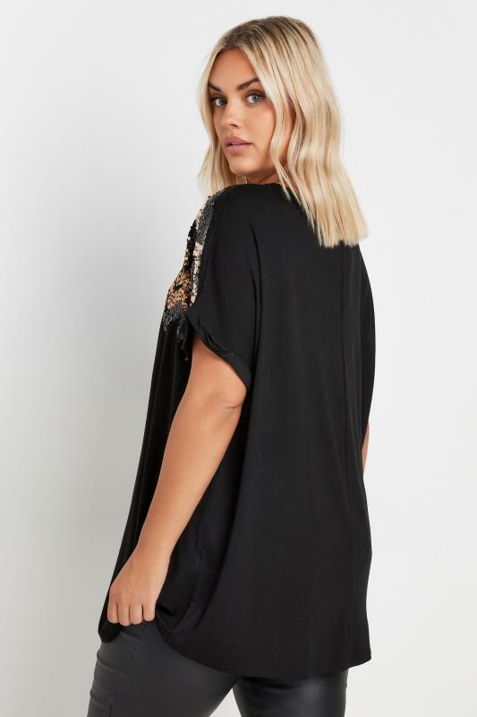 YOURS Plus Size Black Sequin Embellished Short Sleeve T-Shirt | Yours Clothing 3