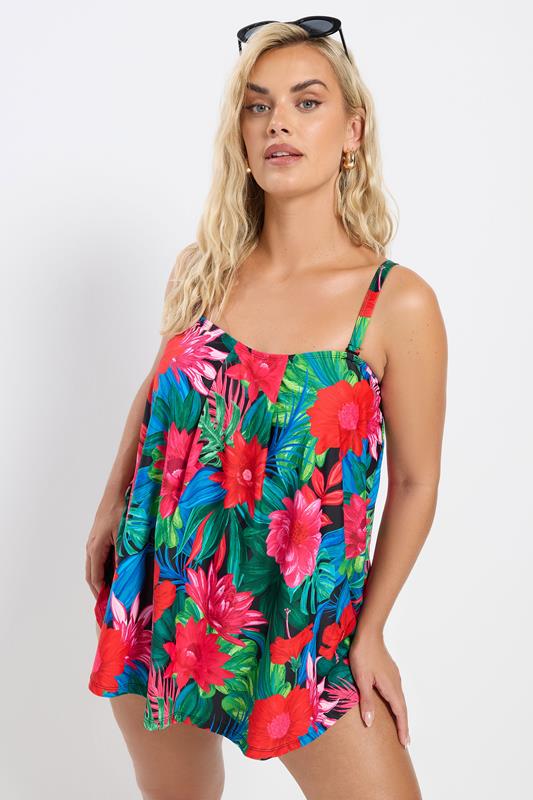 YOURS Plus Size Black Tropical Print Tankini Top | Yours Clothing 1