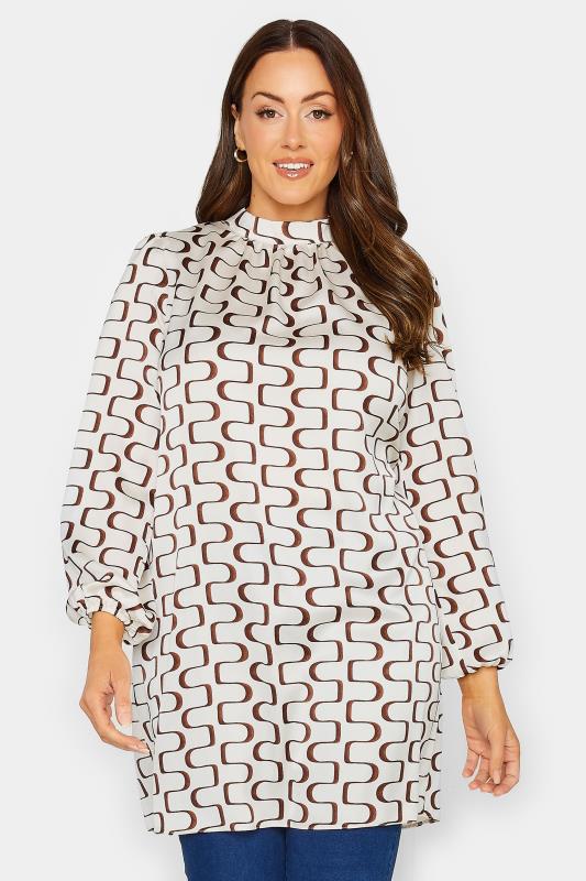 M&Co White Ivory Geometric Print High Neck Tunic Blouse | M&Co 1