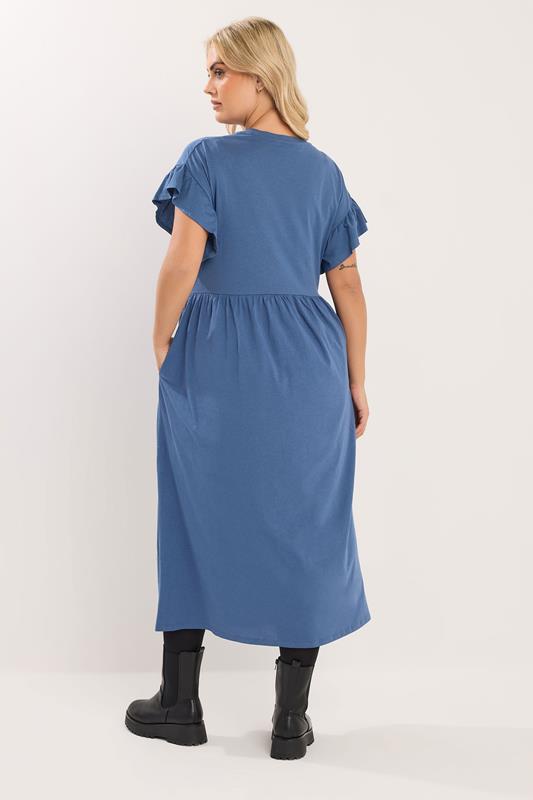 YOURS Plus Size Blue Frill Sleeve Cotton Maxi Dress | Yours Clothing 2