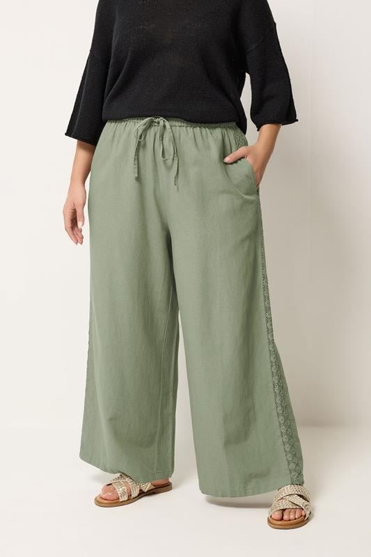 YOURS Plus Size Khaki Green Crochet Detail Linen Trousers | Yours Clothing 1