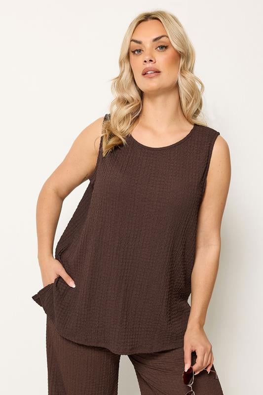 YOURS Plus Size Chocolate Brown Bubble Texture Vest Top | Yours Clothing 1