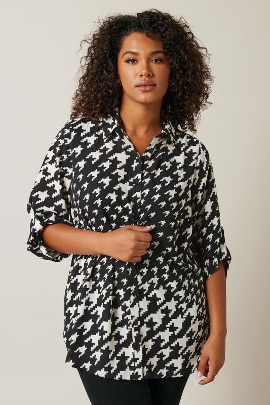 EVANS Plus Size Black Dogtooth Print Tab Sleeve Shirt | Evans 1