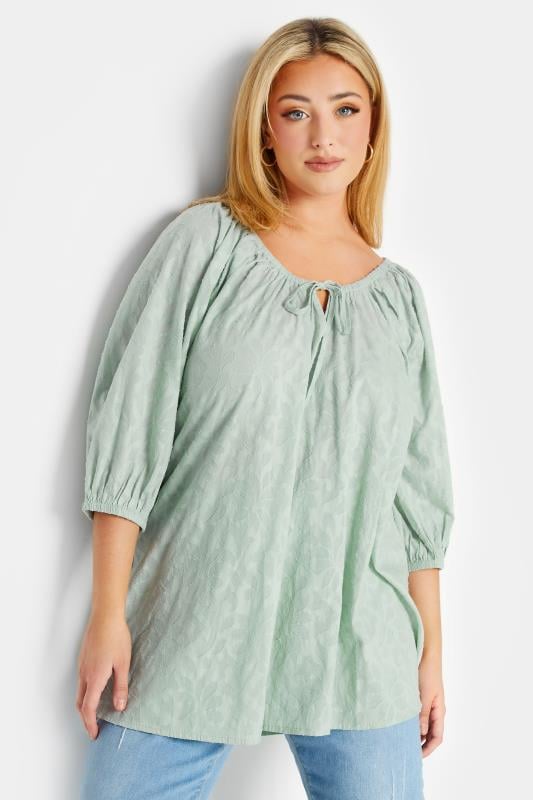 YOURS Plus Size Mint Green Tie Neck Textured Top | Yours Clothing 2