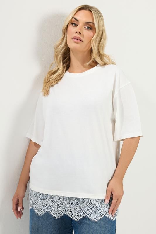 YOURS Plus Size Ivory White Lace T-Shirt | Yours Clothing 1