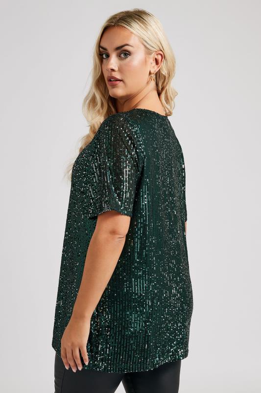 YOURS LONDON Plus Size Emerald Green Sequin Swing Top | Yours Clothing  4