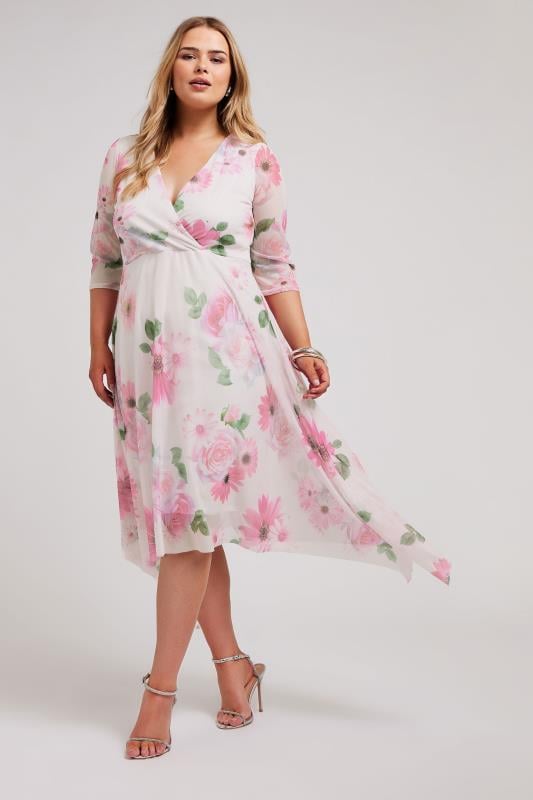 Plus Size  YOURS LONDON Curve Pink Floral Print Hanky Hem Dress