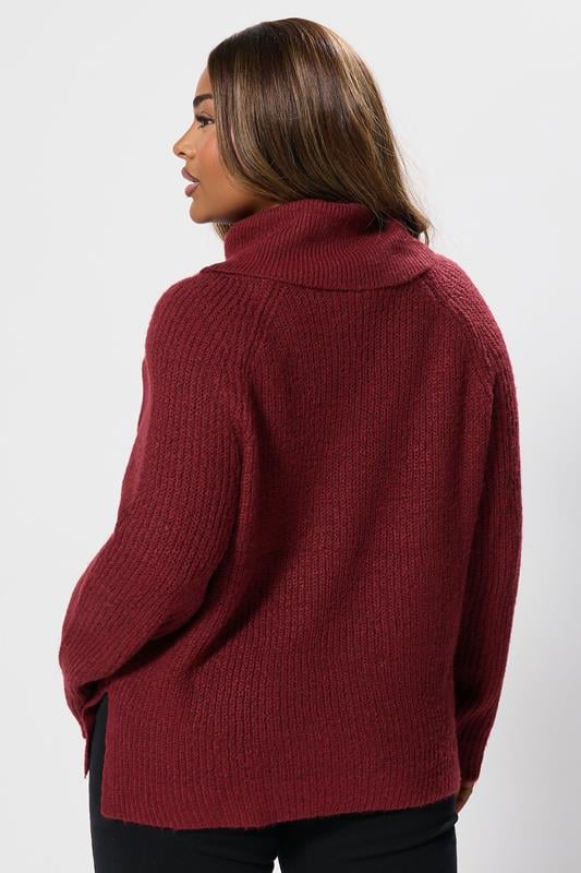 YOURS Plus Size Burgundy Red Roll Neck Knitted Jumper | Yours Clothing 2
