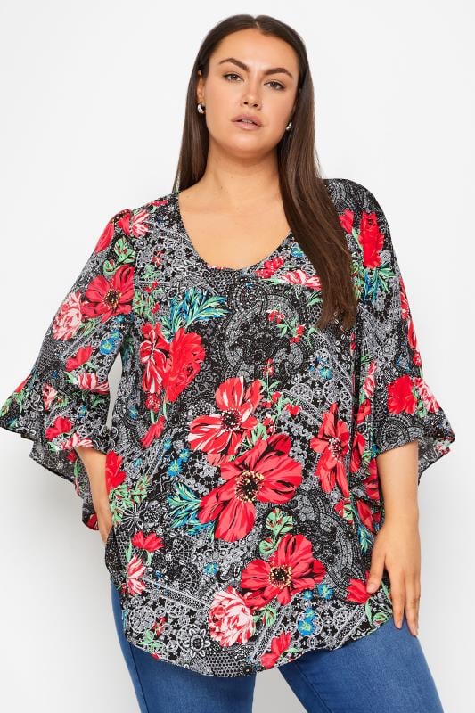 Plus Size  Evans Grey & Red Floral & Paisley Print Frill Smock Top