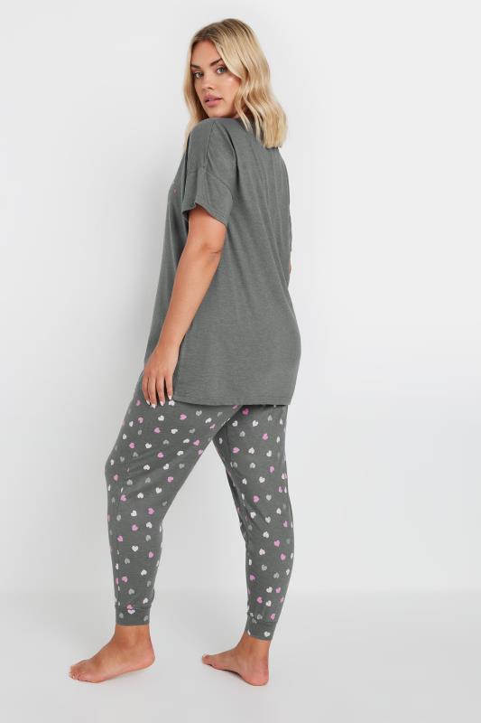 YOURS Plus Size Grey 'Ready Set Glow' Heart Print Cuffed Pyjama Set | Yours Clothing 3