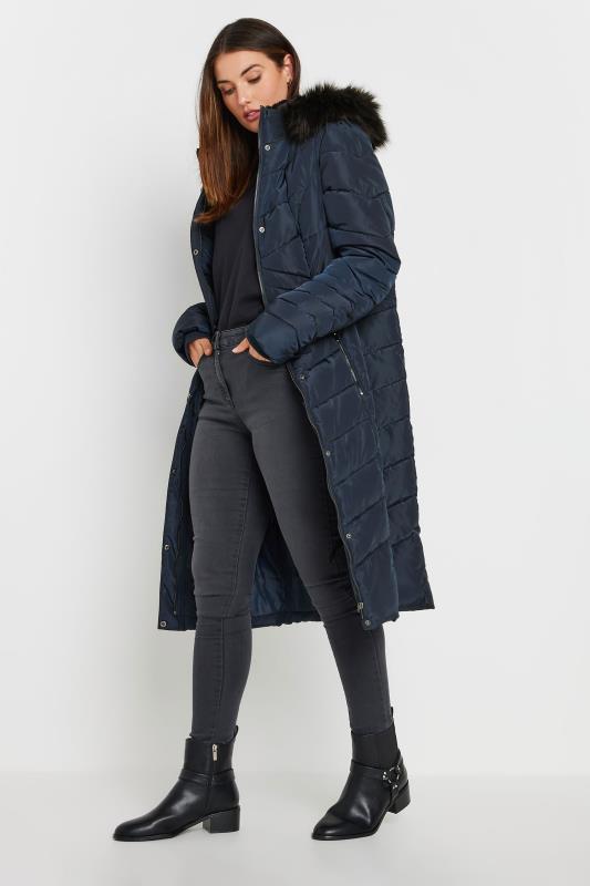 LTS Tall Women's Navy Blue Faux Fur Trim Padded Longline Coat | Long Tall Sally 1