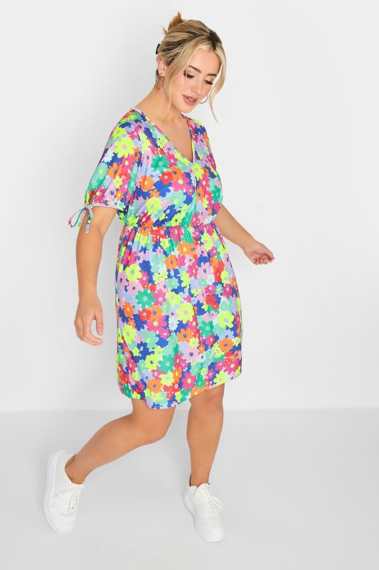 YOURS Plus Size Curve Blue & Pink Ditsy Print Smock Dress | Yours Clothing  2