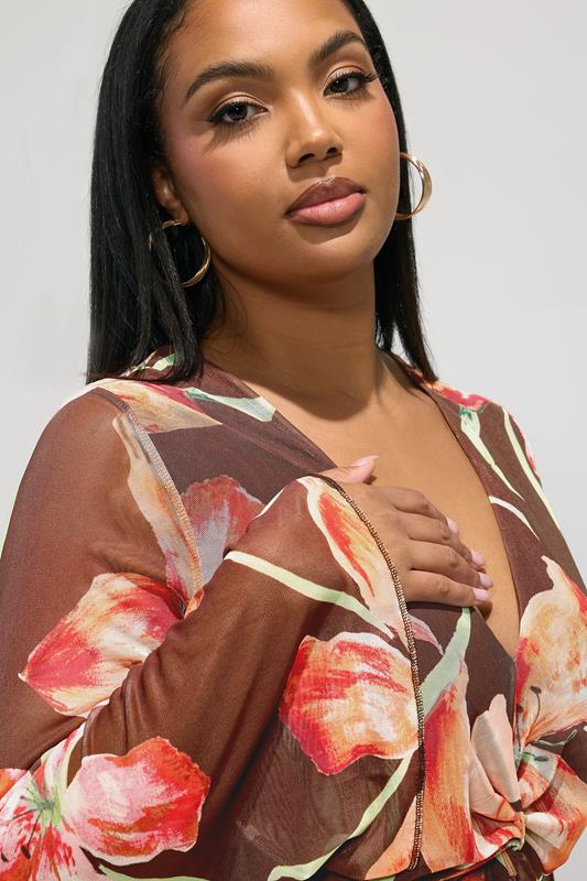 YOURS LONDON Plus Size Brown Floral Mesh Maxi Dress | Yours Clothing 5