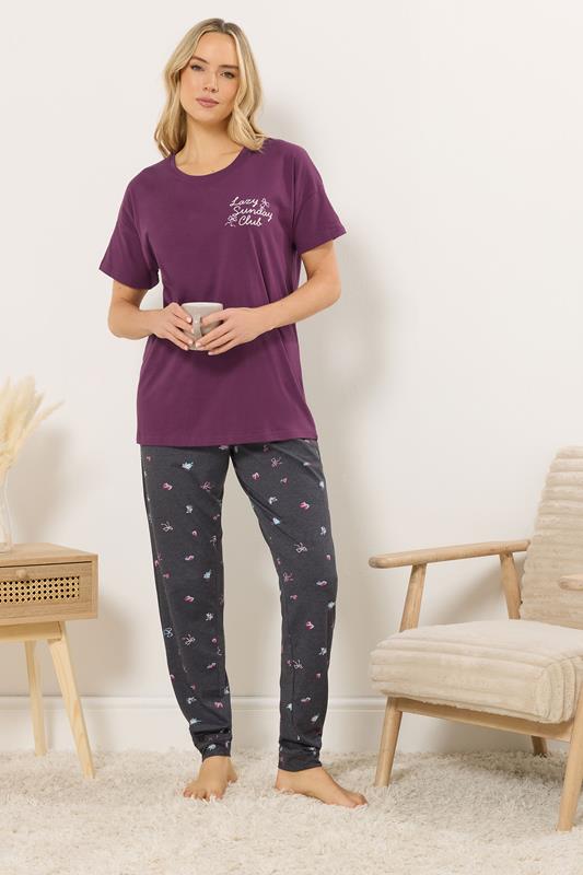  LTS Tall Burgundy Red 'Sunday Club' Slogan Cotton Pyjama Set