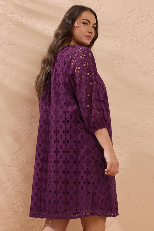 EVANS Plus Size Purple Long Sleeve Broderie Dress | Evans 3