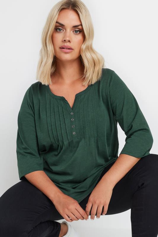 YOURS Plus Size Forest Green Pintuck Henley Top | Yours Clothing 4