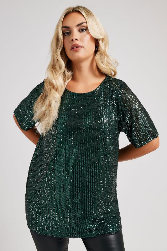 YOURS LONDON Plus Size Emerald Green Sequin Swing Top | Yours Clothing  2